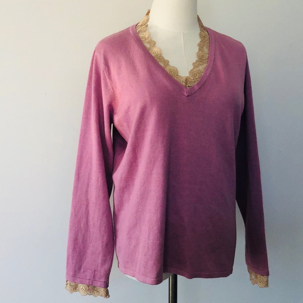 Soft Bed Top XL Notations Pullover Ecru Lace V Neck Dusty Pink Long Sleeves